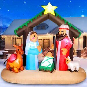 ⚡7FT Christmas Inflatables Nativity Scene with Baby Jesus Outdoor Decorations